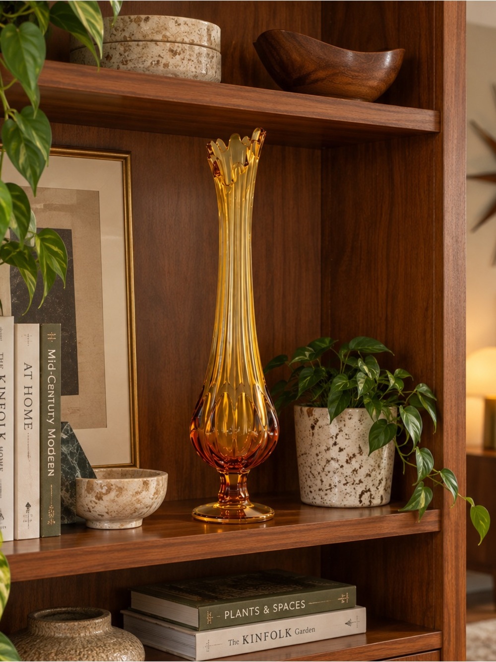 Vintage Amber Art Glass Swung Vase – 16.5”